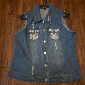 Midnight Velvet Pearl Embellished Jean Denim Vest Jacket Sz L